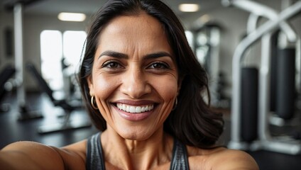 Close-up selfie of a smiling middle-aged Indian woman in a gym setting, showcasing healthy lifestyle and fitness, with gym equipment blurred in the background.