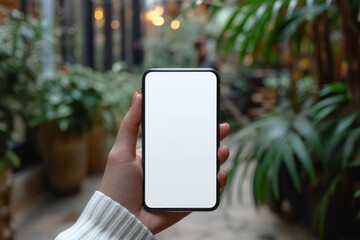 A person's hand holds a smartphone, connecting them to the outside world amidst the urban jungle, while a potted plant adds a touch of nature to the scene