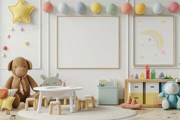 Blank Mockup Frame in Tender Baby Nursery Interior, Empty Space,Adorable Baby Room Mockup, Empty Frame