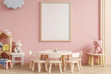 Blank Mockup Frame in Tender Baby Nursery Interior, Empty Space,Adorable Baby Room Mockup, Empty Frame