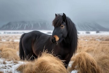 A majestic mustang horse stands strong in a winter field, its brown mane blowing in the wind as it gazes at the endless sky above - obrazy, fototapety, plakaty