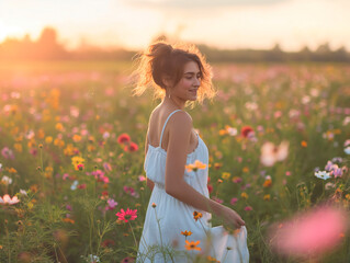 A young woman in a white light dress walks in a summer/spring flowering field against the backdrop of sunset.