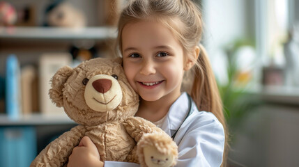 Happy child little doctor girl with teddy bear