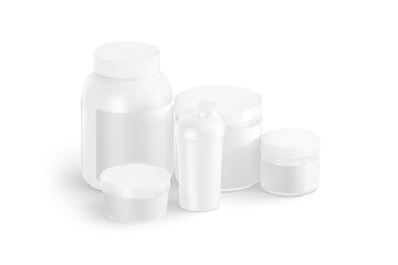 Blank white protein can, bottle and shaker mockup, side view