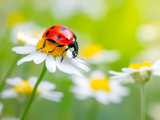 Fototapeta premium Grandma box close-up on a daisy against the background of a blurred meadow.