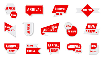 New arrival tag label collection in red. New arrival label, badge or banner element templates with shadow. Red and white banner new arrival