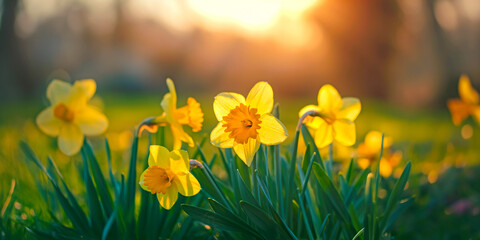 Fototapeta premium Spring background with yellow daffodils illuminated by the sun at sunset.