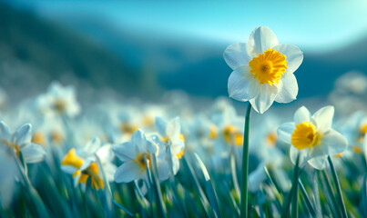 White daffodil close-up on a blurred background of a spring field with white daffodils. Spring background.