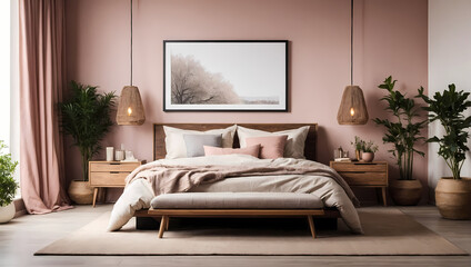 Cozy bedroom ambiance with a stylish wall mockup frame, ready for personalized artwork.