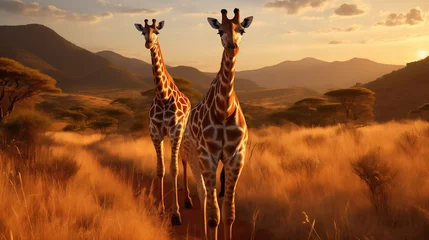 Gordijnen a group of giraffes in the African savannah against the backdrop of a beautiful sunset © kazakova0684