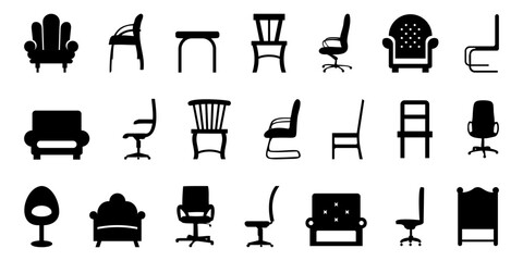 Chair and armchair silhouette isolated on a white background. Black chair silhouettes group. Chair icons