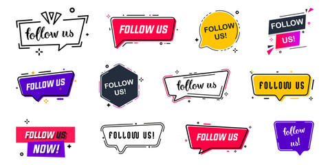 Follow us banner badge icon collection. Follow us badges for social media in different styles. Promotion follow us banners - obrazy, fototapety, plakaty
