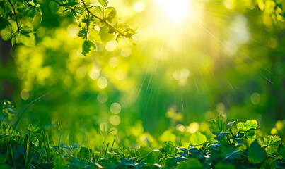 Spring, summer forest on a sunny day. Branch with green leaves close-up on a blurred forest background. - obrazy, fototapety, plakaty