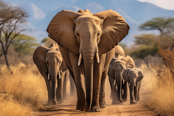 Fototapeta na wymiar a group of majestic elephants walks along the African savannah, World Wildlife Day