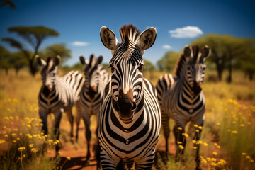 a group of zebras in Africa on a bright sunny day