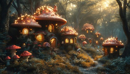 Vibrant and playful forest scene featuring whimsical creatures and mushroom houses, ideal for use...