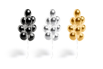 Blank black, gold and silver round balloon bouquet mockup, isolated
