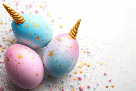 A magical group of easter eggs adorned with sparkling unicorn horns await their turn to be delicately decorated in vibrant hues for the holiday