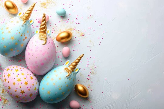 A whimsical display of easter eggs adorned with unicorn horns, shimmering gold and delicate pink hues, handcrafted with love and creativity