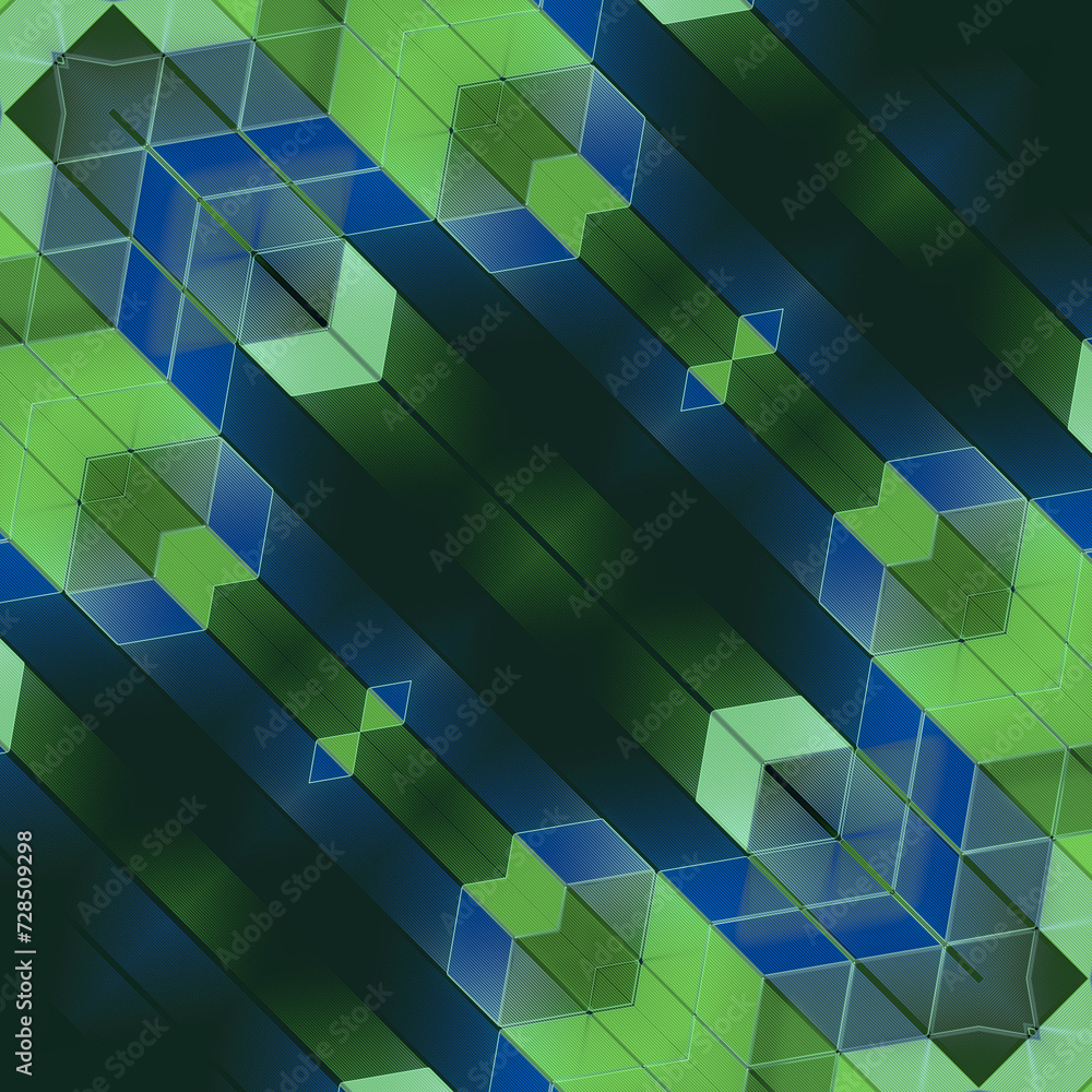 Poster Abstract mosaic pattern in blue-green color scheme. 3d rendering digital illustration