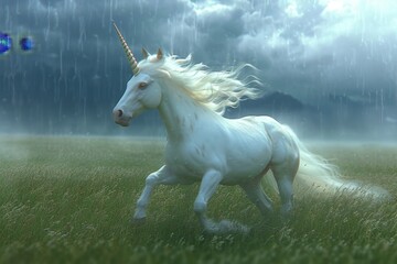 Obraz na płótnie Canvas A majestic white unicorn gallops freely through a lush green field, its flowing mane and powerful stride embodying the essence of wild beauty and untamed grace