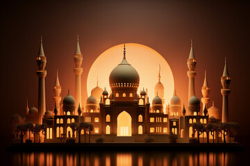 Mosque on the background of the rising sun. Vector illustration.