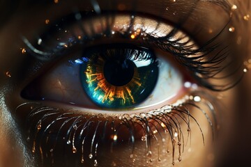 Eye with an iris and pupil of an unusual color,retaining its texture and unique shape,colored lenses - obrazy, fototapety, plakaty