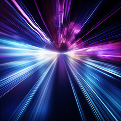 Abstract background of high speed traffic on the road, digitally generated image. Oncoming car lights on a night road. Image of speed on the road. Abstract background in blue and purple neon glow. - obrazy, fototapety, plakaty