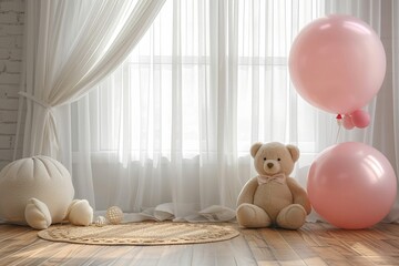 A cozy teddy bear sits among colorful balloons in a warm, inviting room, surrounded by soft fabric and framed by billowing curtains