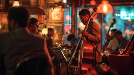 An evening at a jazz club, musicians in mid-performance, intimate lighting, audience engagement,...