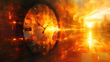 Futuristic Clock in Burning City with Fire with clock, time concept