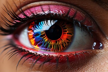 An eye with a rainbow-colored iris and pupil retaining its texture and unique shape, colored lenses