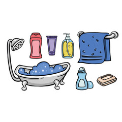 set of bathroom objects, personal hygiene illustration, vector