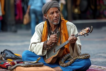A troubadour in casual attire strums his guitar, captivating passersby with his raw street...