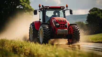Obraz premium Robust Red Agricultural Tractor in Action, Kicking Up Dust on a Sunny Day on the Farm, Representing Modern Agriculture
