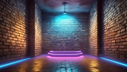 the light of the temple, Modern futuristic neon lights on old grunge brick wall room background...