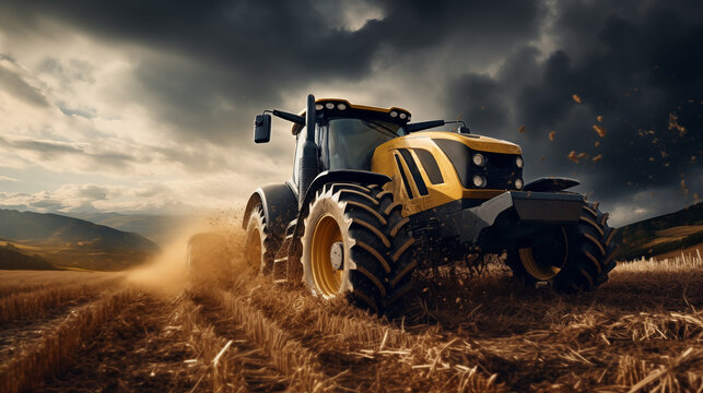 Modern Yellow Tractor Vigorously Plowing Through a Dry Field, Stirring Up Dust Against a Dramatic Sky, Depicting Agriculture and Farming
