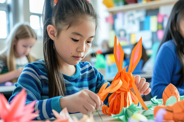 Cute girl making paper easter decor for party in classroom - obrazy, fototapety, plakaty