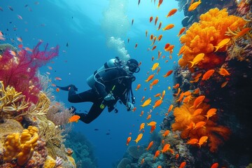 Obraz na płótnie Canvas A skilled diver explores the vibrant depths of the ocean, surrounded by a diverse array of marine life and stunning coral formations