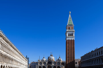 Campanile and Basilica of San Marco - St. Mark on the Famous Square of Venice, Italy - obrazy, fototapety, plakaty