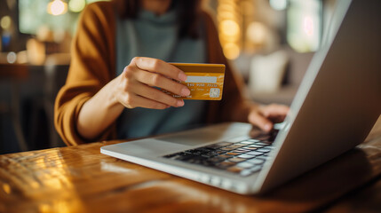 Making a purchase in an online store using a laptop with a credit card - obrazy, fototapety, plakaty