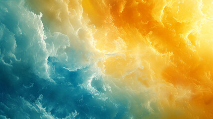 Radiant bursts of sunshine yellow and ocean blue intermingle, forming an abstract representation of a tropical paradise. 