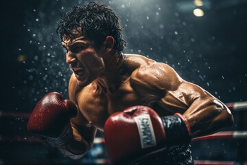 Dynamic shot of a skilled boxer in the ring, delivering a powerful punch with intense lighting