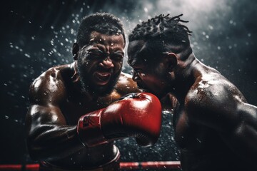 Fototapeta na wymiar Dramatic action shot of a high-intensity boxing match with powerful punch,professional sport