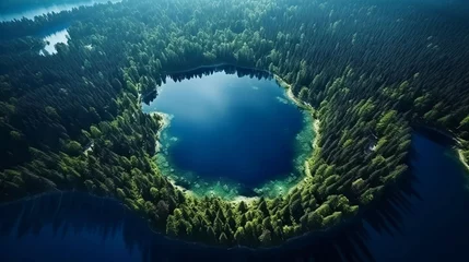  realistic photo Aerial panorama of beautiful blue lake, islands and summer forest. generative ai © KBL Sungkid