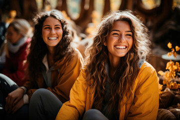 Young student girls smiling outdoors vacationing