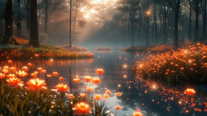 Enchanted forest landscape with mystical glowing flora