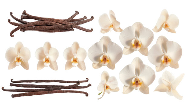 Collection of vanilla orhid flowers and vanilla sticks