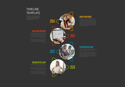 Vertical dark timeline template with photos in circle frames and triangle arrow border