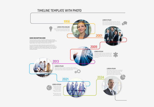 Timeline template with photos in circle frames and thin line ribbon